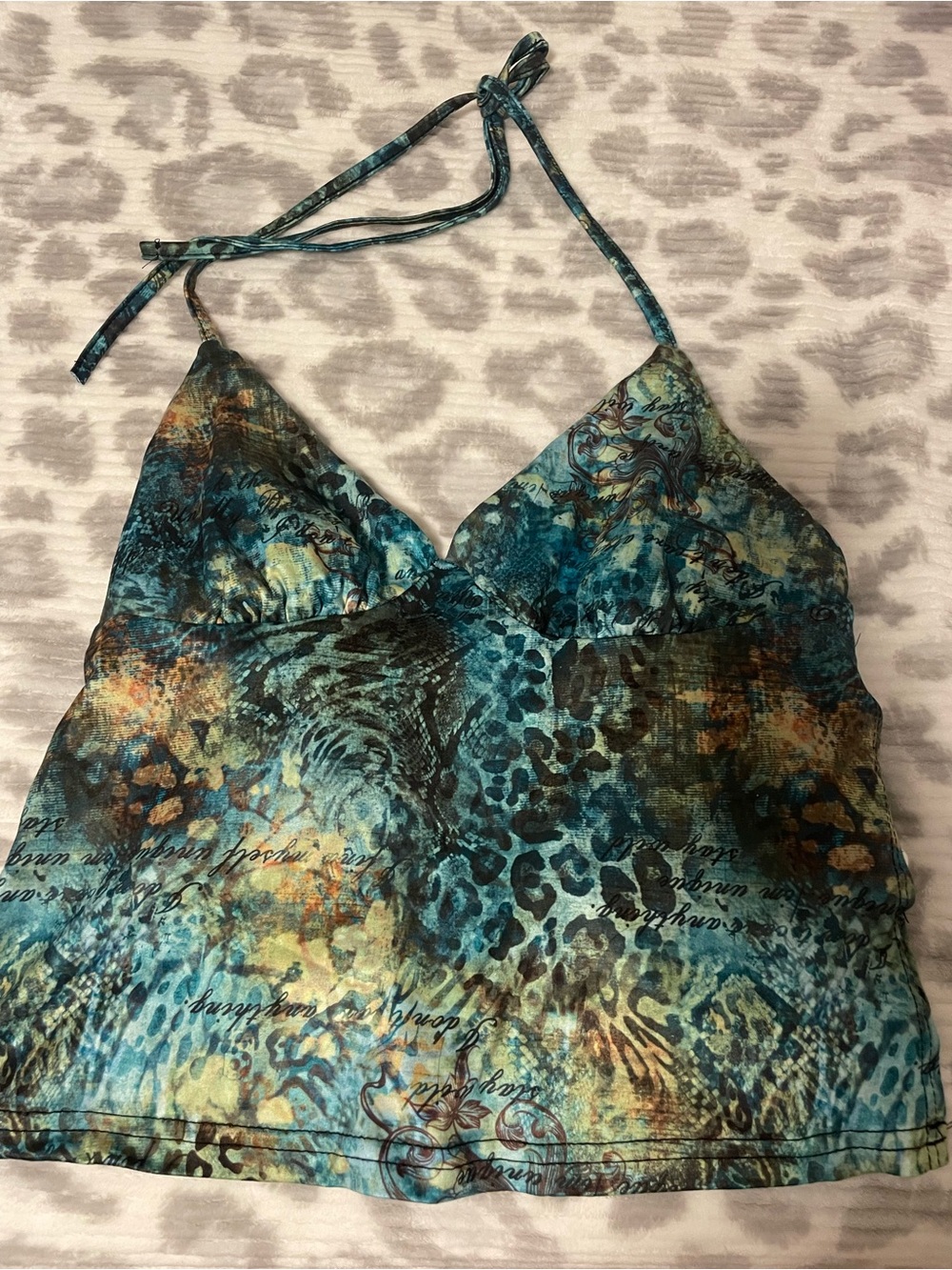 Women’s Teal Mixed-Print Halter Cami Top